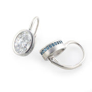 Matte Bezel Oval Cut Lab Diamond Dangle Earrings with Lab Blue Sapphire Hidden Halo - LGG Jewelry